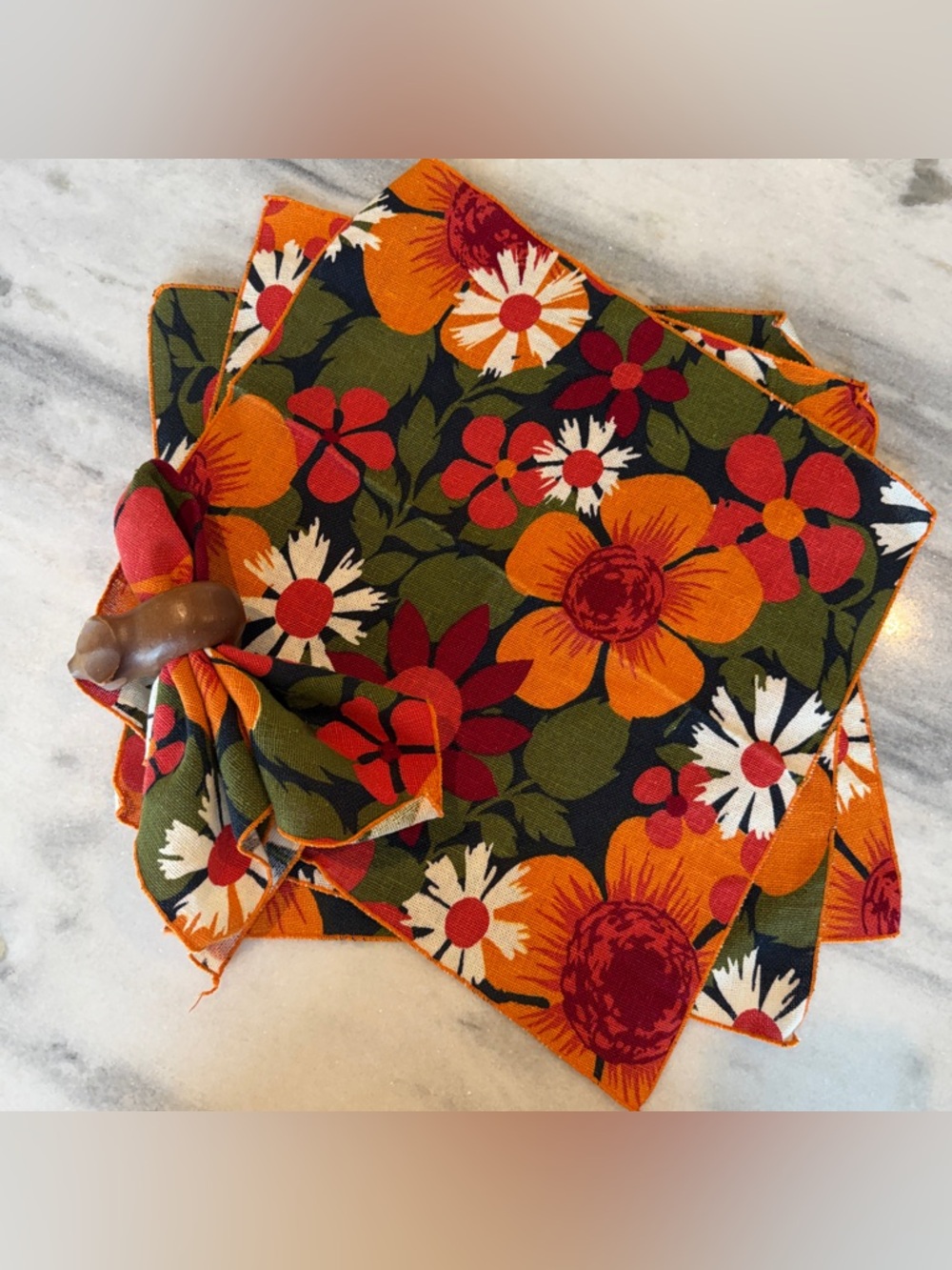 Set Of 4 Vintage Retro Floral Napkins Orange Pink Green 60s 70s Flower Power
